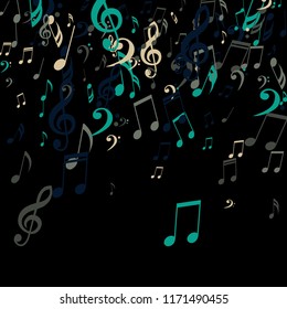 Falling Musical Symbols. Trendy Background with Notes, Bass and Treble Clefs. Vector Element for Musical Poster, Banner, Advertising, Card. Minimalistic Simple Background.