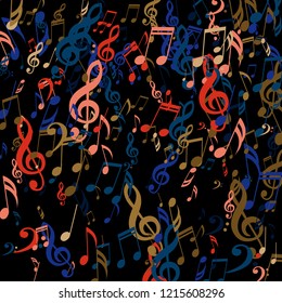 Falling Musical Symbols. Trendy Background with Notes, Bass and Treble Clefs. Vector Element for Musical Poster, Banner, Advertising, Card. Minimalistic Simple Background.