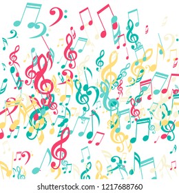 Falling Musical Symbols. Trendy Background with Notes, Bass and Treble Clefs. Vector Element for Musical Poster, Banner, Advertising, Card. Minimalistic Simple Background.