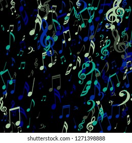 Falling Musical Symbols. Trendy Background with Notes, Bass and Treble Clefs. Vector Element for Musical Poster, Banner, Advertising, Card. Minimalistic Simple Background.