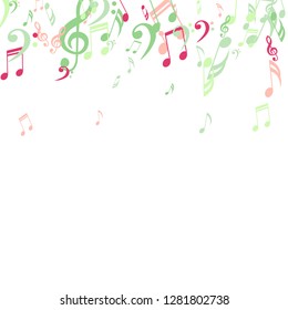 Falling Musical Symbols. Trendy Background with Notes, Bass and Treble Clefs. Vector Element for Musical Poster, Banner, Advertising, Card. Minimalistic Simple Background.