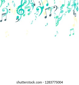 Falling Musical Symbols. Trendy Background with Notes, Bass and Treble Clefs. Vector Element for Musical Poster, Banner, Advertising, Card. Minimalistic Simple Background.