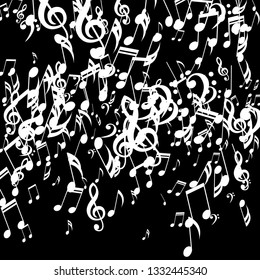 Falling Musical Symbols. Trendy Background with Notes, Bass and Treble Clefs. Vector Element for Musical Poster, Banner, Advertising, Card. Minimalistic Simple Background.