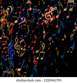Falling Musical Symbols. Trendy Background with Notes, Bass and Treble Clefs. Vector Element for Musical Poster, Banner, Advertising, Card. Minimalistic Simple Background.