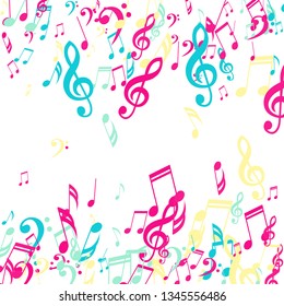 Falling Musical Symbols. Trendy Background with Notes, Bass and Treble Clefs. Vector Element for Musical Poster, Banner, Advertising, Card. Minimalistic Simple Background.