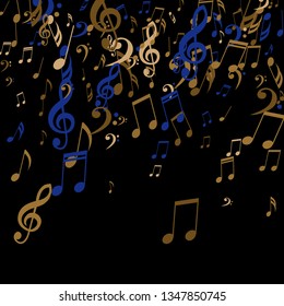 Falling Musical Symbols. Trendy Background with Notes, Bass and Treble Clefs. Vector Element for Musical Poster, Banner, Advertising, Card. Minimalistic Simple Background.