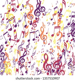 Falling Musical Symbols. Trendy Background with Notes, Bass and Treble Clefs. Vector Element for Musical Poster, Banner, Advertising, Card. Minimalistic Simple Background.