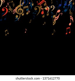 Falling Musical Symbols. Trendy Background with Notes, Bass and Treble Clefs. Vector Element for Musical Poster, Banner, Advertising, Card. Minimalistic Simple Background.