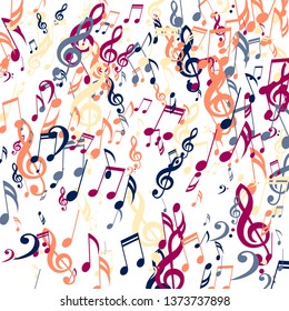Falling Musical Symbols. Trendy Background with Notes, Bass and Treble Clefs. Vector Element for Musical Poster, Banner, Advertising, Card. Minimalistic Simple Background.