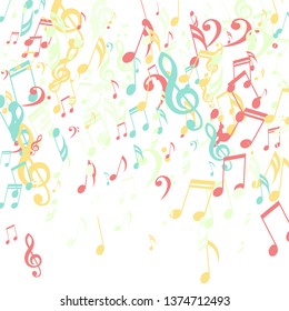 Falling Musical Symbols. Trendy Background with Notes, Bass and Treble Clefs. Vector Element for Musical Poster, Banner, Advertising, Card. Minimalistic Simple Background.