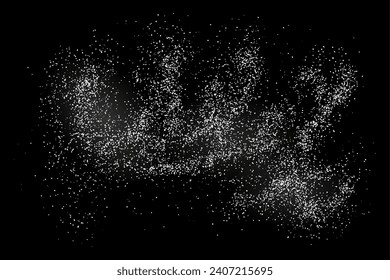 Falling noise grain particles isolated on black background. White dust powder in motion. Ground splash. Vector illustration.