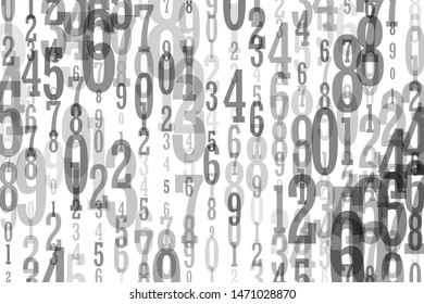 The falling numbers from 0 to 9 are random, chaotic on a white background. Different sizes and transparencies.
