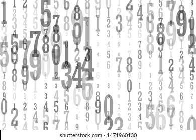 The falling numbers from 0 to 9 are random, chaotic on a white background. Different sizes and transparencies.
