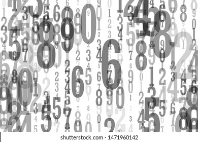 The falling numbers from 0 to 9 are random, chaotic on a white background. Different sizes and transparencies.
