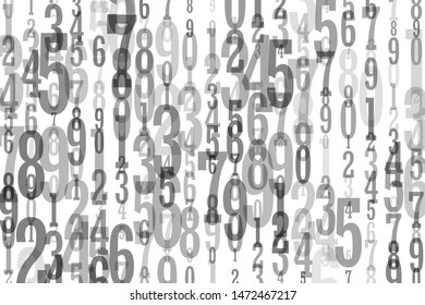 The falling numbers from 0 to 9 are random, chaotic on a white background. Different sizes and transparencies.
