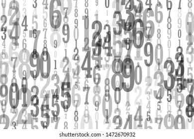 The falling numbers from 0 to 9 are random, chaotic on a white background. Different sizes and transparencies.
