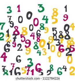 Falling numbers abstract background. Abstract background of color numbers for card or print. Pattern of randomly distributed numbers from zero to nine in color.