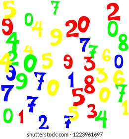 Falling numbers abstract background. Abstract colorful background for banner or poster. Pattern of randomly distributed numbers from zero to nine in color.