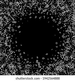 Falling numbers, big data concept. Binary white messy flying digits. Alive futuristic banner on black background. Digital vector illustration with falling numbers.