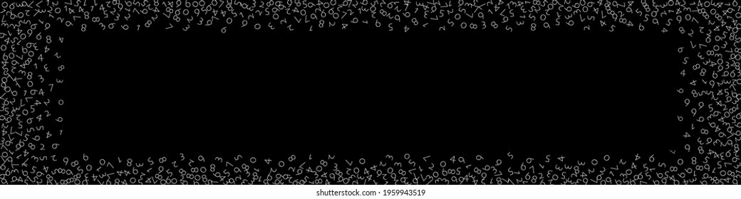 Falling numbers, big data concept. Binary white disorderly flying digits. Overwhelming futuristic banner on black background. Digital vector illustration with falling numbers.