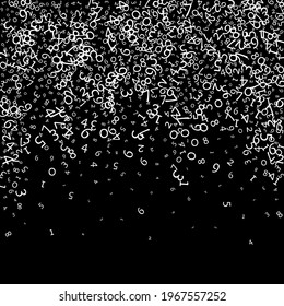 Falling numbers, big data concept. Binary white messy flying digits. Emotional futuristic banner on black background. Digital vector illustration with falling numbers.