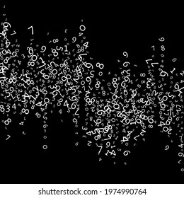 Falling numbers, big data concept. Binary white messy flying digits. Delightful futuristic banner on black background. Digital vector illustration with falling numbers.