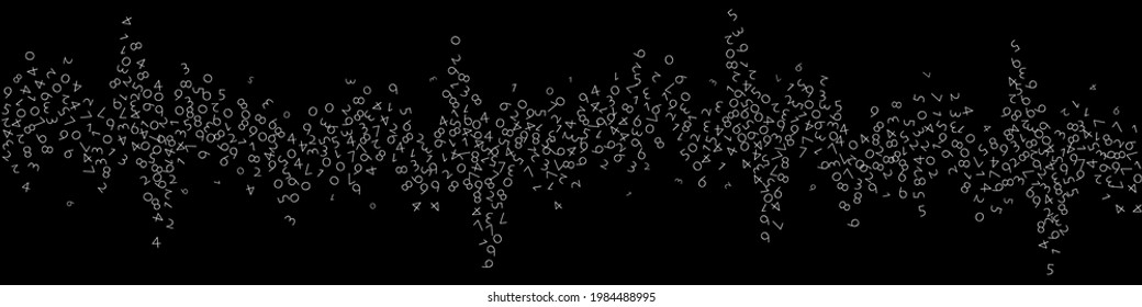 Falling numbers, big data concept. Binary white disorderly flying digits. Imaginative futuristic banner on black background. Digital vector illustration with falling numbers.