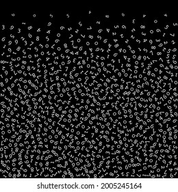 Falling numbers, big data concept. Binary white random flying digits. Majestic futuristic banner on black background. Digital vector illustration with falling numbers.