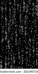 Falling numbers, big data concept. Binary white messy flying digits. Dramatic futuristic banner on black background. Digital vector illustration with falling numbers.