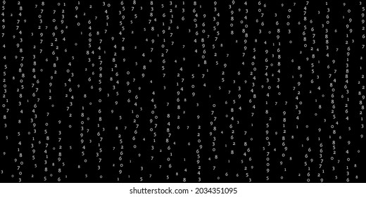 Falling numbers, big data concept. Binary white orderly flying digits. Juicy futuristic banner on black background. Digital vector illustration with falling numbers.