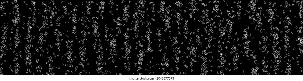 Falling numbers, big data concept. Binary white chaotic flying digits. Fascinating futuristic banner on black background. Digital vector illustration with falling numbers.