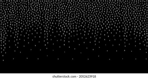 Cifras en caída, concepto de big data. Dígitos de vuelo ordenados y blancos binarios. Banner simétrico futurista sobre fondo negro. Ilustración vectorial digital con números en caída.