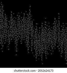 Falling numbers, big data concept. Binary white disorderly flying digits. Delicate futuristic banner on black background. Digital vector illustration with falling numbers.