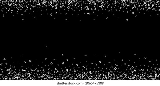 Falling numbers, big data concept. Binary white messy flying digits. Divine futuristic banner on black background. Digital vector illustration with falling numbers.