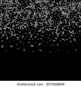 Falling numbers, big data concept. Binary white messy flying digits. Original futuristic banner on black background. Digital vector illustration with falling numbers.