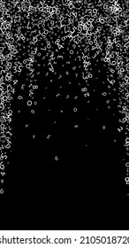 Falling numbers, big data concept. Binary white messy flying digits. Energetic futuristic banner on black background. Digital vector illustration with falling numbers.