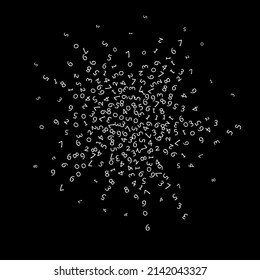 Falling numbers, big data concept. Binary white random flying digits. Unequaled futuristic banner on black background. Digital vector illustration with falling numbers.