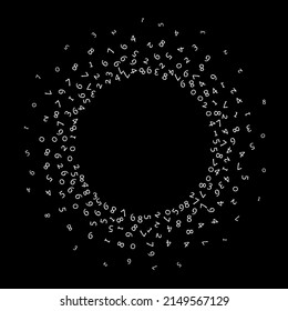 Falling numbers, big data concept. Binary white random flying digits. Dazzling futuristic banner on black background. Digital vector illustration with falling numbers.