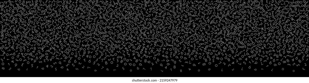 Falling numbers, big data concept. Binary white disorderly flying digits. Rare futuristic banner on black background. Digital vector illustration with falling numbers.