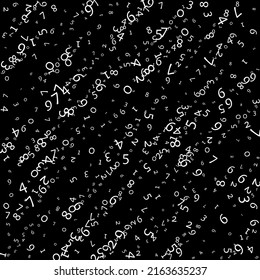 Falling numbers, big data concept. Binary white messy flying digits. Captivating futuristic banner on black background. Digital vector illustration with falling numbers.