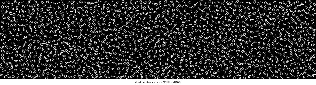 Falling numbers, big data concept. Binary white random flying digits. Delicate futuristic banner on black background. Digital vector illustration with falling numbers.