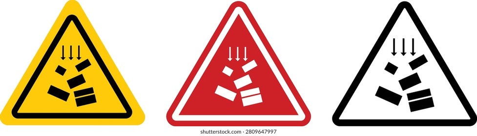 Falling objects crushing hazard warning signs. Construction site safety triangles showing falling bricks and arrows in yellow, red, and black styles.