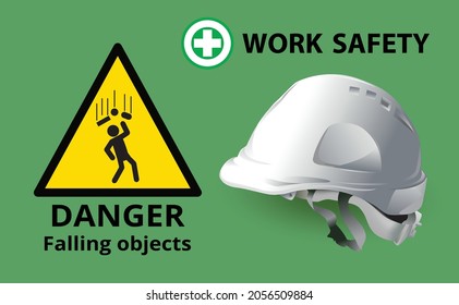 Falling objects,  warning sign, safety first, Engineer helmet ,Construction concept, vector illustration. 
