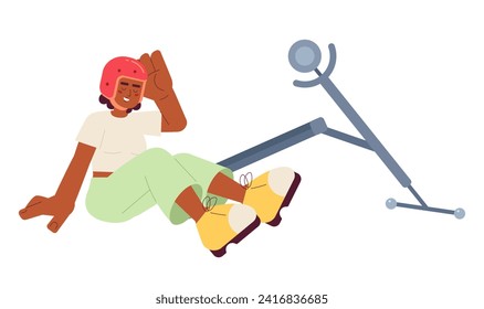 Falling off scooter laughing woman cartoon flat illustration. Upbeat cheerful african american girl bike helmet 2D character isolated on white background. Happy accident scene vector color image