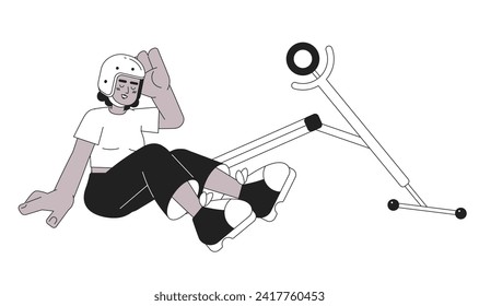 Falling off scooter laughing woman black and white cartoon flat illustration. Upbeat african american girl bike helmet linear 2D character isolated. Happy accident monochromatic scene vector image