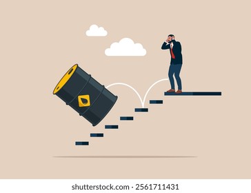 Falling oil price. Oil barrel is rolling  the stairs into down the abyss. Unhappy businessman investor is afraid  risk of bankruptcy and losses. Volatility and collapse on oil. Vector illustration