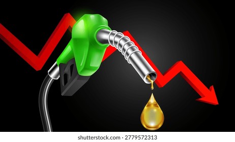 Falling oil prices concept with green fuel pump nozzle and red downward arrow on black background, vector illustration