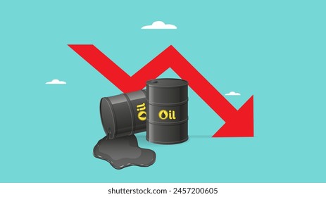 falling oil prices, risk of loss in crude oil stocks due to price crisis, Oil prices sharpen losses, pile of spilled crude oil barrels with falling graph