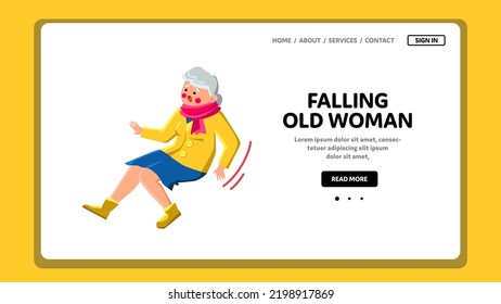 Falling Old Woman Vector. Senior Person, Fall Floor, Home Pain, Down Care, Attack Grandmother, Aged Elderly Falling Old Woman Character. People Flat Cartoon Illustration