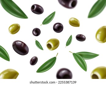 Falling olives. Realistic flying vegetables, white background, 3d isolated plant products, green and black with leaves, mediterranean natural food, botanical backdrop, utter vector concept